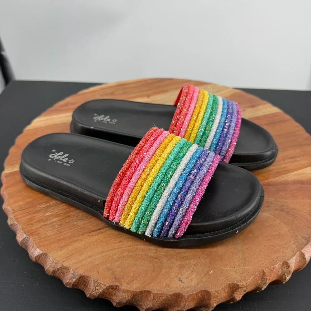 Lola + The Boys Black Glitter Rainbow Slides sandals 35‎ sz US 4Y